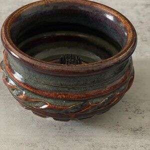 Studio Art Pottery 4" x 2.5" Green Vase with Built-In Flower Frog Ikebana Signed